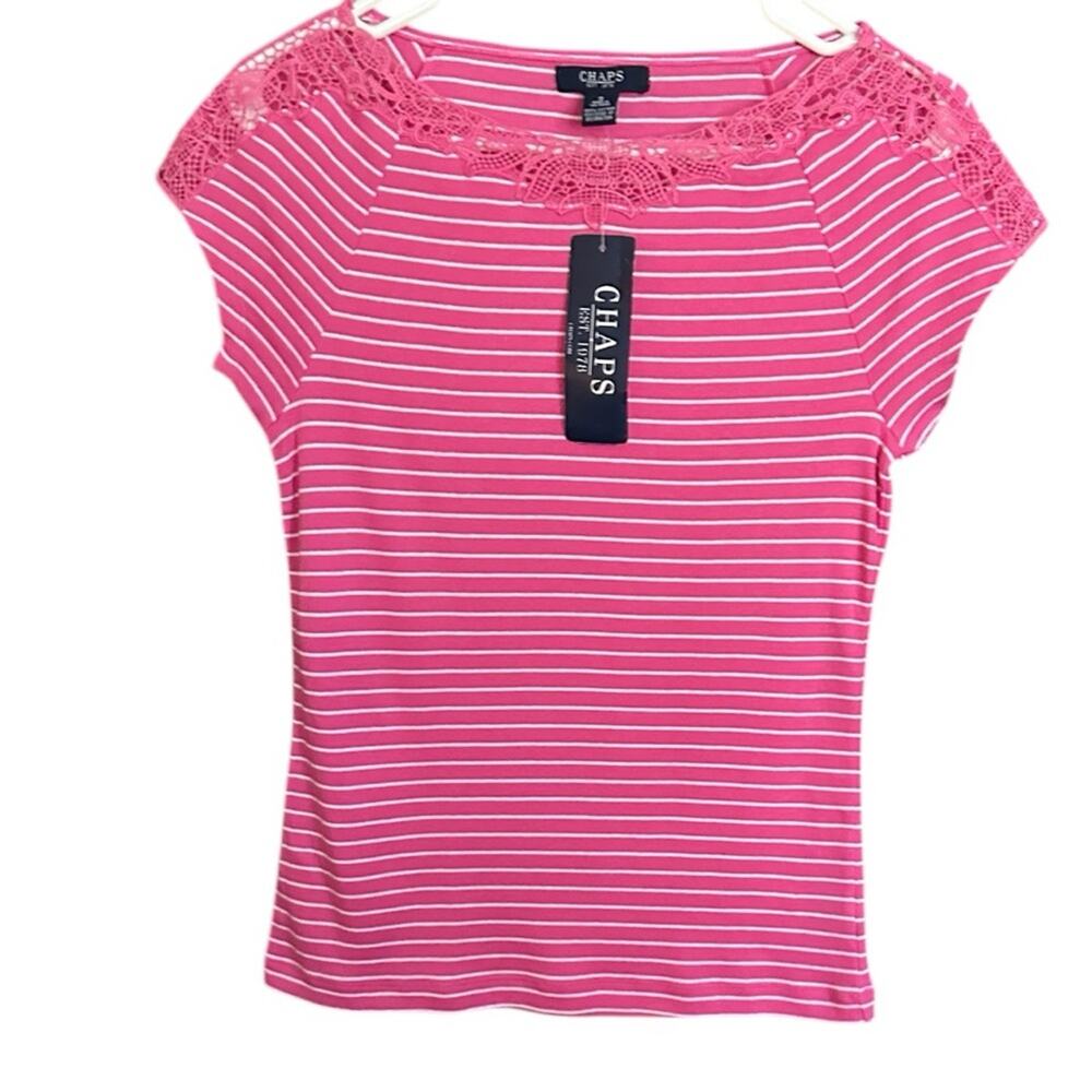 Chaps NWT Crocheted Lace Pink White Striped 100% Cotton Top 49.00 Size Small
